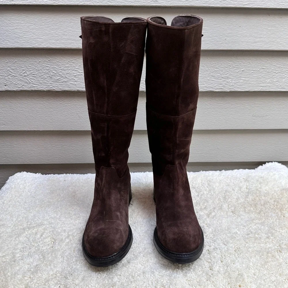 Hand Made in Italy Dark Brown Suede Knee High Riding Boots Lug Sole Women's 39